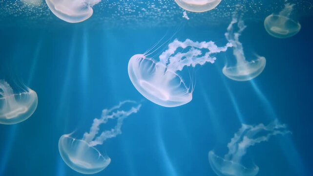 Hypnotic Slow Motion of Translucent Jellyfish Drifting Gracefully Underwater with Luminous Tentacles, Serene Full HD Motion Background Loop