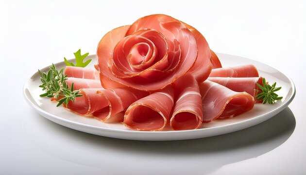 gourmet thinly sliced cured ham arranged in a spiral on white plate