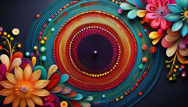 round decorative frame made of concentric dashed circles and a colorful bouquet of flowers at the bottom right corner