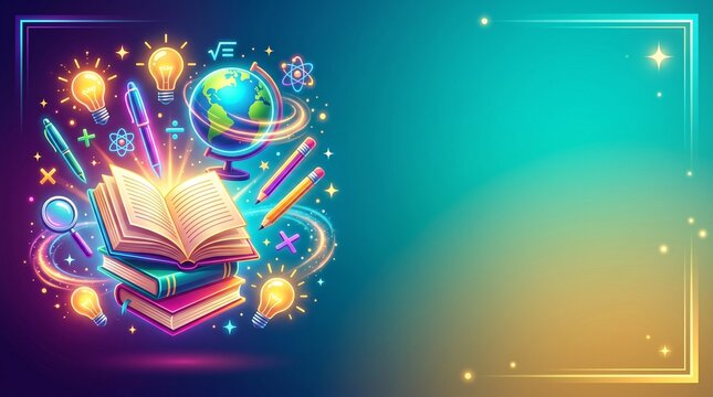 Vibrant educational illustration with books light bulbs and learning tools