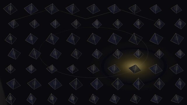 Abstract geometric grid of pyramids with moving gold light