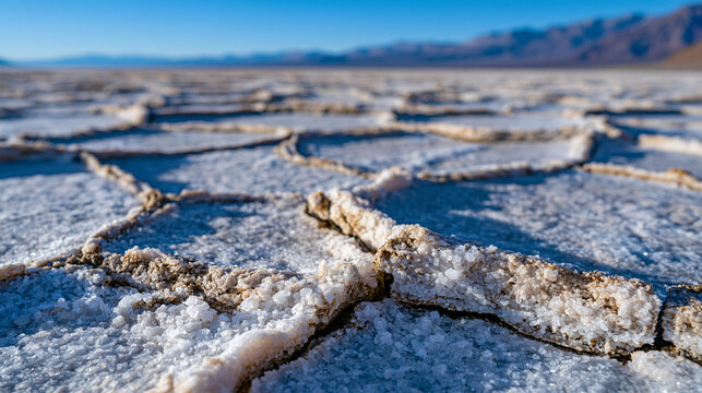 Crystalline halite salt flat tessellated polygon crust viewed from ground level, evaporite mineral deposit forming natural hexagonal basin pattern extending to vanishing horizon, hyperarid playa lak
