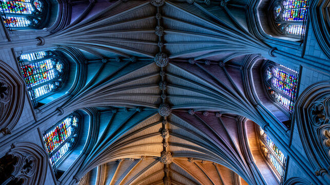 Gothic limestone cathedral ribbed vaulting system soars overhead, carved keystones punctuating the intersection of pointed arches, narrow clerestory windows admitting pale celestial shafts across th