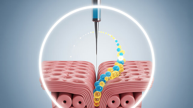 Close-up 3D rendering of skin layers with a syringe injecting blue and yellow spheres into the tissue within a white