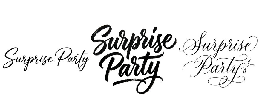 A surprise party invitation with elegant black cursive text on a transparent background