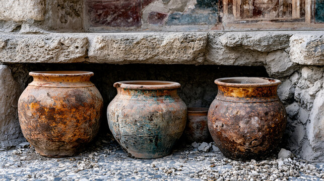 Pompeii thermopolium counter inset with terracotta dolia storage vessels, carbonized fresco panels above serving surface, Vesuvian lapilli embedded in opus signinum flooring, Roman commercial archae