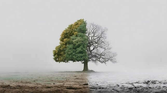 Single tree split between summer and winter seasons, representing climate change and environmental cycle.