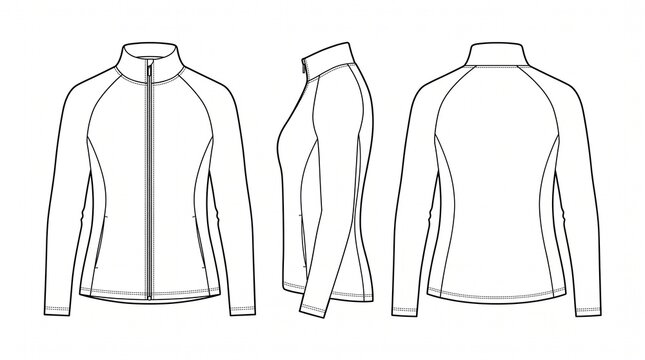 Technical sketch of a women's long sleeve cycling jersey with raglan sleeves and a full zipper, showing front, side, and back views.