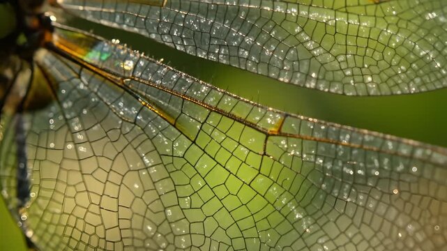Macro View of Intricate Dragonfly Wing Veins with Dew Drops.