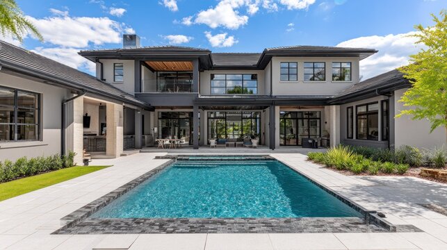 Luxurious modern residence features expansive backyard with rectangular swimming pool and patio area