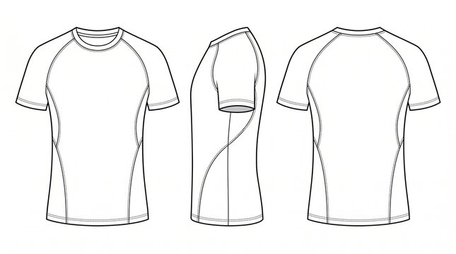 Technical Sport T-shirt Outline Template: Front, Side, and Back Views for Apparel Design.