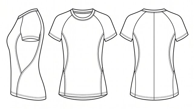 Technical sketch of a women's short sleeve raglan t-shirt, front, back, and side views, for fashion illustration and design.
