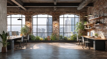 Fototapeta premium Spacious industrial style office interior overlooks dense urban cityscape through large arched windows