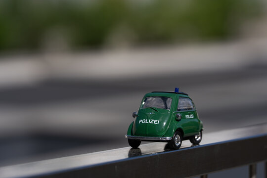 Bucharest Romania 30 May 2026.Detailed scale model of a vintage German green police car based on the iconic BMW Isetta 250 microcar. 