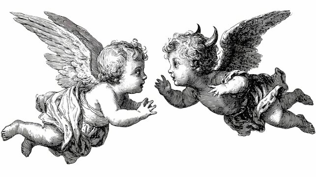Baby angel and devil characters flying face to face in dramatic Baroque style illustration