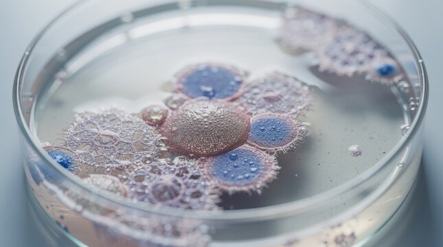 Microscopic view of cellular colonies in laboratory petri dish