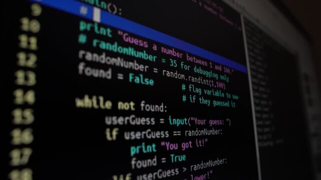 A programmer's work on a monitor screen, a programmer works, a hacker writes code