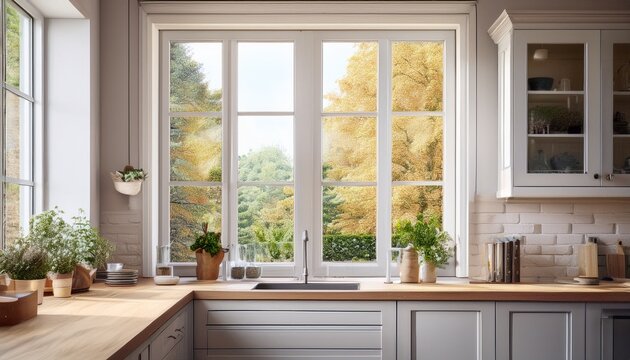 single hung window in the kitchen or dining room interior