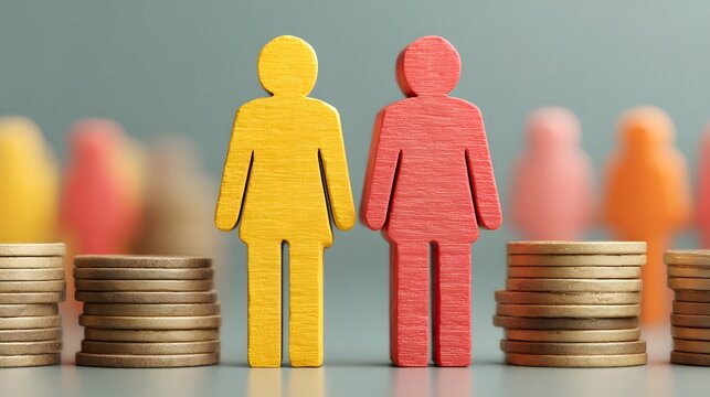 Conceptual representation of gender parity with wooden figures and coin stacks, highlighting equality and economy.