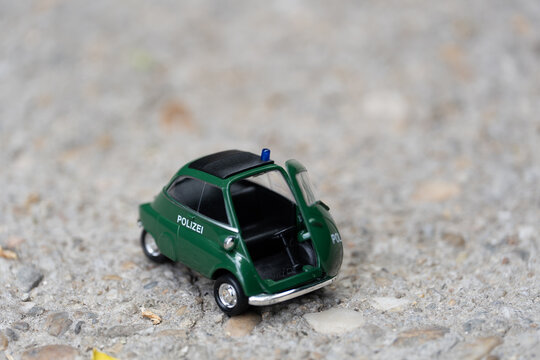 Bucharest Romania 30 May 2026.Detailed scale model of a vintage German green police car based on the iconic BMW Isetta 250 microcar. 
