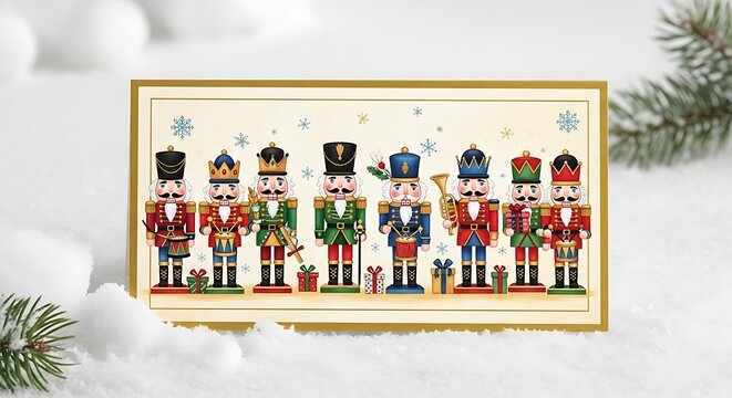 Colorful Nutcracker Holiday Card Displayed in Snowy Winter Setting