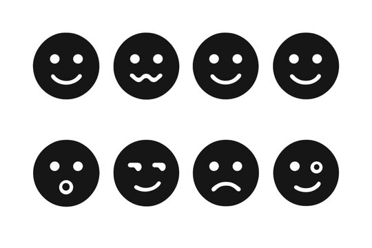 Funny Emoji Faces. Simple Funny Emoji Faces. Filled icon set of Simple Funny Emoji Faces: small grin face,