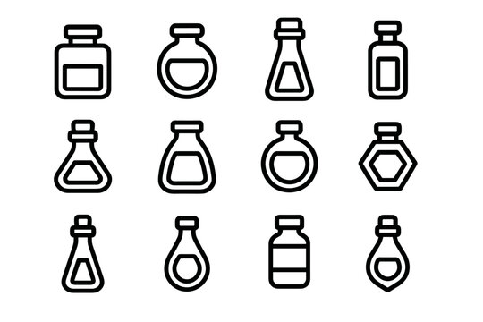 Neon Potion Icons. Neon potion jars. Line outline icon set of Neon potion jars: glowing square jar, radiant
