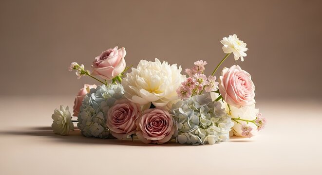 Elegant floral arrangement featuring roses and hydrangeas against a neutral backdrop