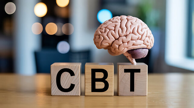 Cognitive Behavioral Therapy concept with wooden blocks spelling CBT and a human brain model on a table