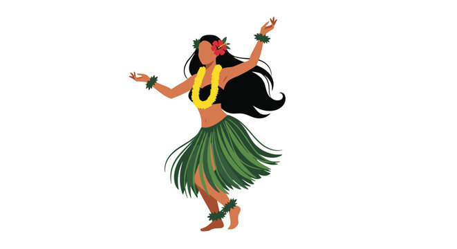 Traditional hawaiian hula dancer woman wearing a grass skirt and floral lei performing a cultural dance on a white background.