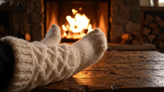 Person wearing mittens by a fireplace