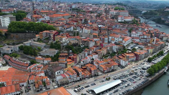 Aerial view of  the old town around the city Porto in Portugal beside the Douro River on  a sunny summer day.
