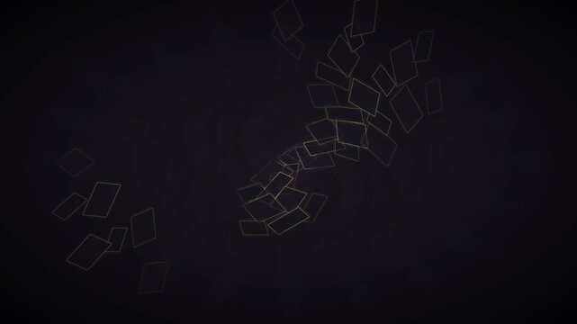 Dynamic golden wireframe rhombuses moving across a dark textured backg