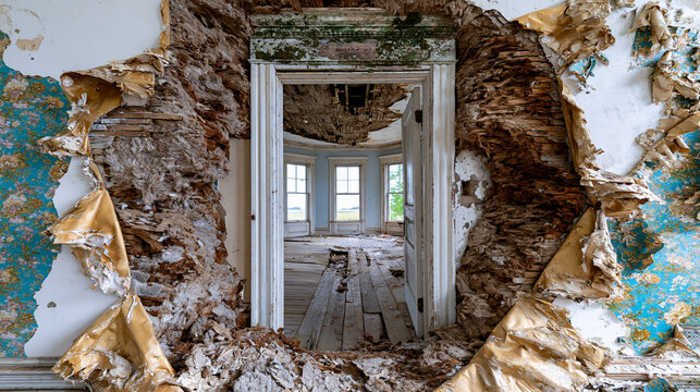 Abandoned Victorian residential interior reveals peeling wallpaper layers curling from plaster walls, collapsed ceiling lath exposing rafters, warped floorboards splitting apart, mold-blossomed corn