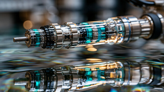 Zirconium alloy fuel rod bundle suspended in demineralized water pool, ceramic pellet stack visible through cladding, reactor core geometry reflected in still surface, neutron moderator depth creati