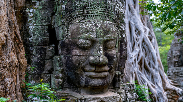Angkor Thom Bayon temple face towers in overcast diffuse soft light, Jayavarman VII Bodhisattva sandstone visage weathering into tropical lichen, Khmer cosmological architecture, aerial root strangl