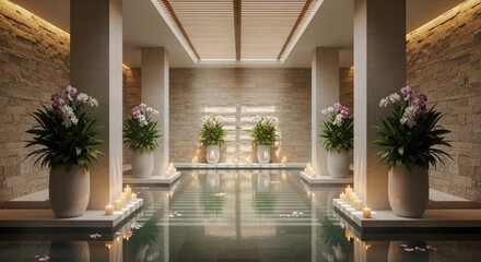 Elegant indoor spa scene with pool plants and ambient lighting for relaxation