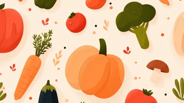 Colorful harvest vegetables are arranged in a cheerful, repeating pattern on a light background.