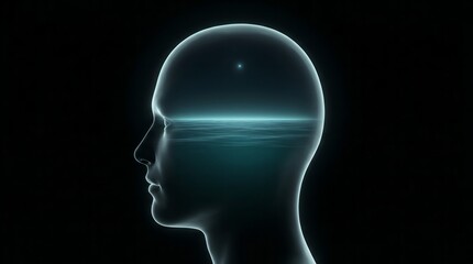 Obraz premium A glowing blue light illuminates a human head in profile against a dark background with a futuristic ambiance and a sense of technology and innovation.