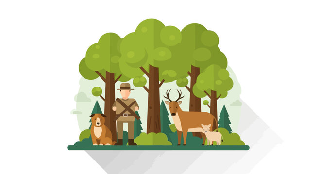 Park Ranger Wildlife Officer Guarding Forest and Wild Deer Animal