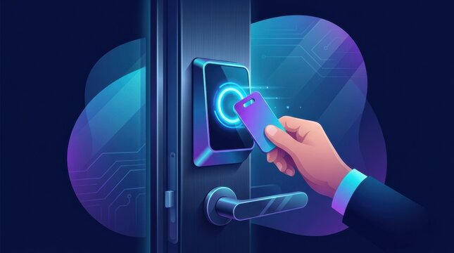 A security guard scans an access control card at a door reader for entry verification in a controlled environment.