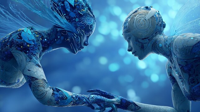 Cybernetic human forms with bio-AI enhancements, glowing implants, and a fusion of organic tissue with metallic structures