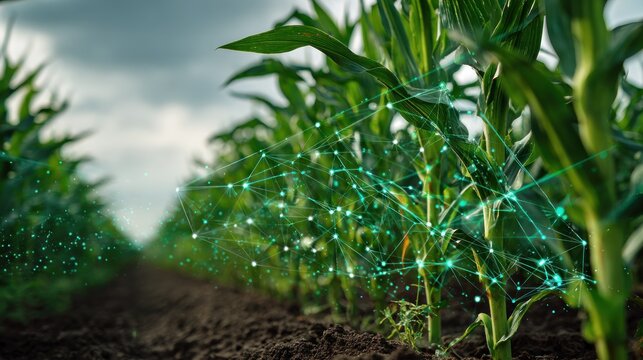 Smart agriculture concept corn field with digital overlay