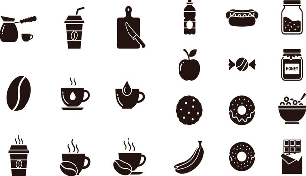 Food and drink icon set featuring coffee cups, hot dogs, donuts, fruits, snacks, and kitchen elements isolated vector illustrations for cafe menus.
