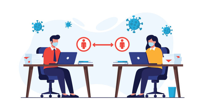 Employees working in an office with social distancing measures and virus symbols representing the new normal workplace.