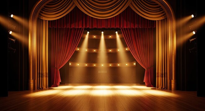 Empty stage lit with overhead spotlights and red curtains for performance