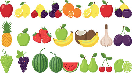 Fresh organic fruit and berry vector collection featuring apple, banana, watermelon, strawberry, orange, lemon, grape, and garlic elements for healthy food market graphics. © Tofijun