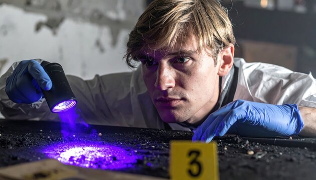 Forensic Investigator Using UV Light to Uncover Hidden Evidence at a Crime Scene