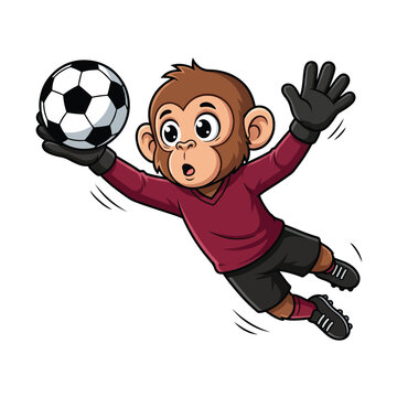 A cartoon monkey wearing gloves kicks a soccer ball in a dynamic action scene.