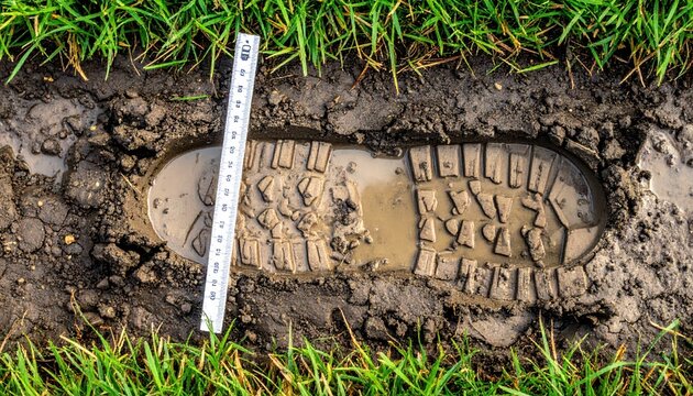 Forensic ruler used to measure a detailed shoe print impression left in muddy ground at a crime scene.